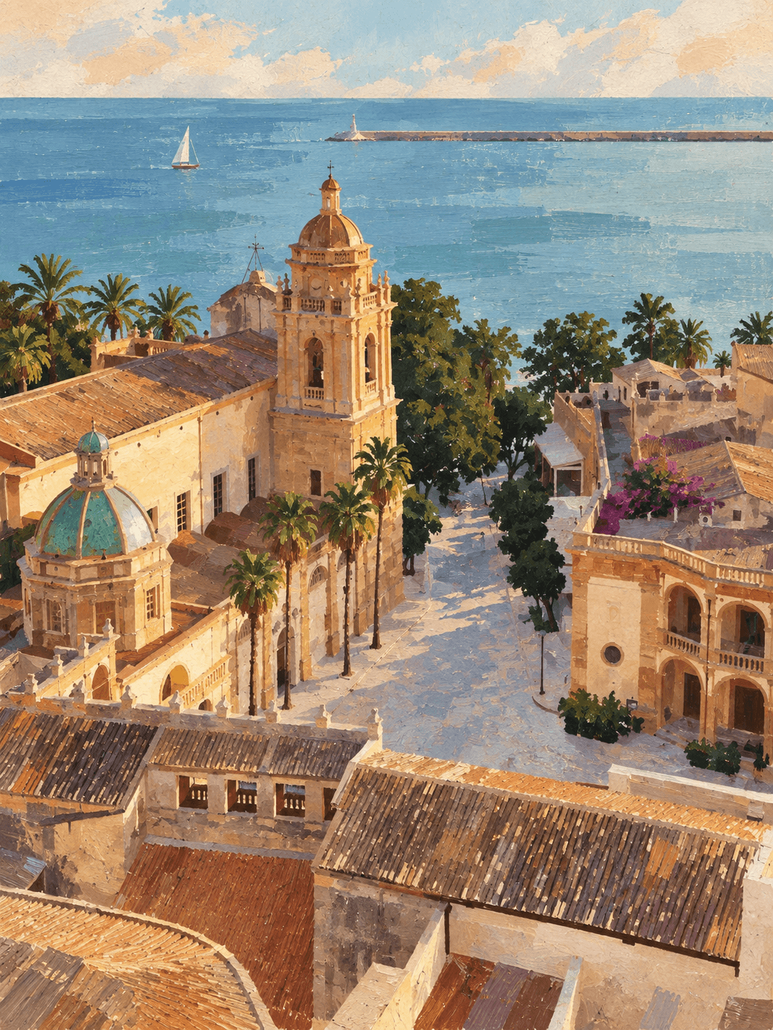 An art study of a coastal city and historic tower