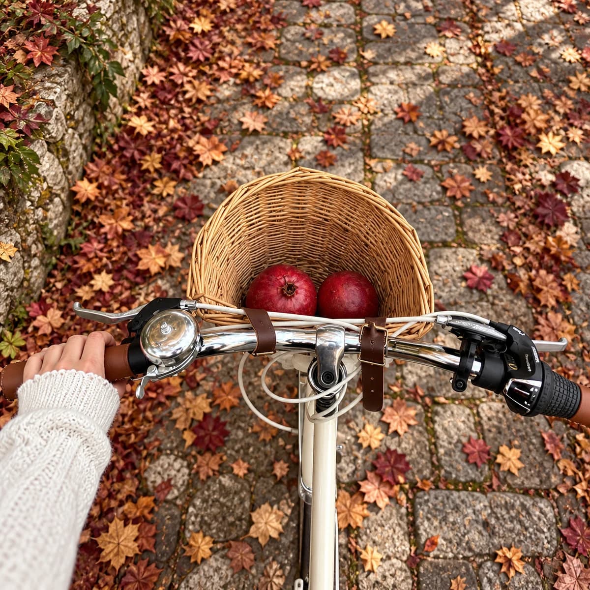 A bicycle basket with pomegranates above an autumn path