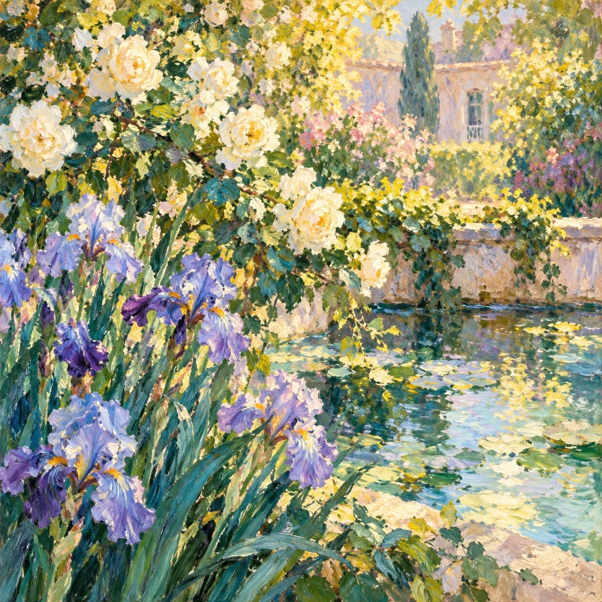 An impressionist oil painting of ivory flowers, irises and shimmering water